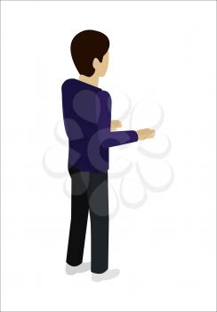 Man character vector in isometric projection. Person standing backwards with bent at the elbows hands. Pose template for standing near reception, cash register, bar. Isolated on white.