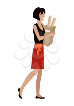 Woman with shopping package in flat. Smiling woman in red skirt and black blouse. Woman daily shopping, supermarket shopping, customer in mall, retail store isolated illustration on white background.