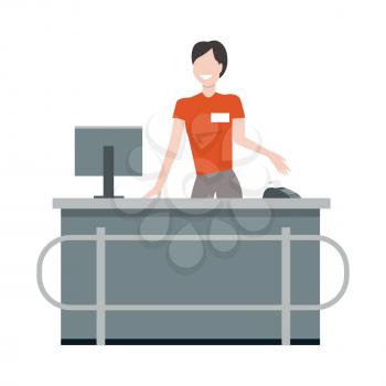 Cashier behind the store counter and cash register. Flat design. Smiling woman in uniform standing near cash with monitor and payment terminal. Supermarket personnel, equipment and service concept.