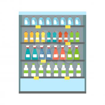 Blue showcase refrigerator for cooling drinks in bottles. Different colored bottles in blue drinks fridge. Fridge dispenser cooling machine. Isolated object in flat design on white background.