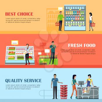 People in supermarket interior design. Best choice. Fresh food. Quality service. People shopping, marketing people, customer in mall, retail store illustration. Website design template in flat