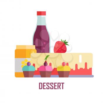 Dessert concept. Vector in flat design. Collection of various sweets and drinks juice, honey, strawberry, cake on white background. Illustration for diet, menus, signboards illustrating, web design. 
