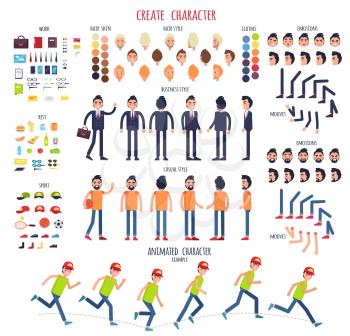 Create character. Set of different illustrations with body parts. Work. Rest. Sport. Hair style. Skin. Clothes. Emotions. Moves. Animated characters Business casual style Cartoon design Vector
