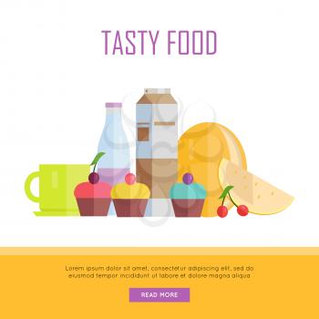 Tasty food concept web banner. Vector in flat design. Illustration of various sweet food tea, cake, yogurt, melon, juice, cherry on white background for cafe, stores, confectionery web pages design.
