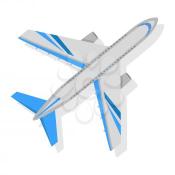 Airplane on white background. Isolated vector illustration. Air transport, travel, flight. Graphic aircraft icon style design. Aviation concept sphere. For advertisement banner, website picture