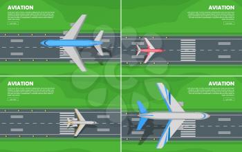 Aviation conceptual banners. Passenger aircraft landing or takes off on airport runway with green lawn on sides flat vector illustrations set. For airline, travel, transport company web page design