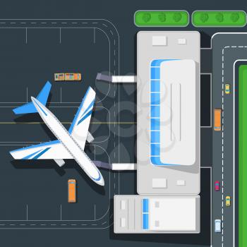 Airport top view concept. Passenger aircraft near airport terminal building, road, cars, bus, luggage carrier flat vector illustrations. Airplane flight. For airline ad, travel, transportation concept