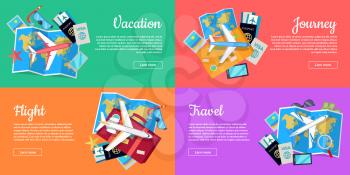 Flight, vacation, journey, travel web banners set. Aircraft, luggage, map, tickets, passport, diving mask, starfish flat vector illustrations For travel agency airline company landing page design