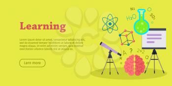 Learning banner. Scientific space medicine physics and chemistry equipment. Educational concept. Medicinal substances, preparations, devices, elements. Laboratory researches. Vector in flat style
