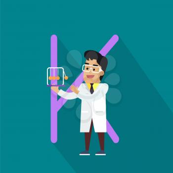 Science alphabet. Letter - K. Scientists in white coat with Newton s cradle. Simple colored letters and scientist character. Scientific research, science lab, science test, technology illustration. Flat design