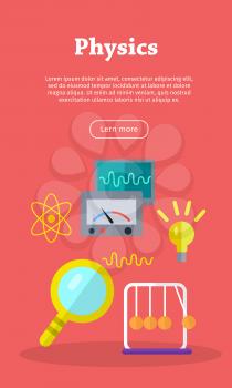 Physics laboratory banner with magnifier, measuring device and Newton s cradle. Physics infographic concept background. Scientific research, science lab, science test, technology illustration in flat