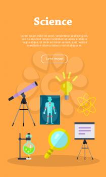 Science banner with chemical flask, telescope and magnifying glass. Science infographic concept background. Scientific research, science lab, science test, technology illustration. Website template.