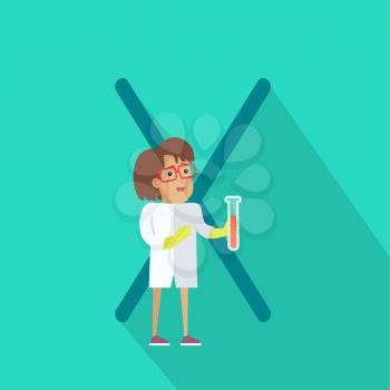 Science alphabet vector concept. Flat style. ABC element. Scientist woman in white gown standing with test tube in hand, letter X behind. Educational glossary. On turquoise background with shadow  