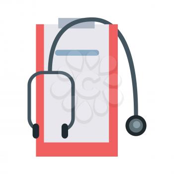 Medical tools and instruments vector in flat style. Stethoscope and doctors tablet with case history.  Illustration for medical and healthcare concepts. Isolated on white background