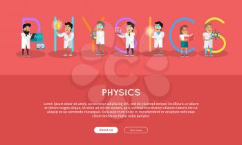 Physics banner. Science alphabet. ABC vector with scientists at work. Simple colored letters and scientist character. Scientific research, science lab, science test, technology illustration in flat