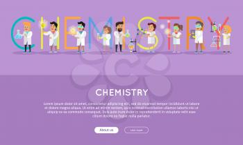 Chemistry conceptual vector web banner. Flat style. Scientists characters at work. Horizontal illustration for educational online services, startups, corporate web sites, business landing pages design