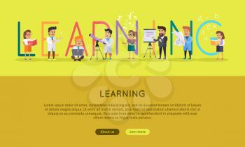 Learning science banner. Human characters in white gowns with scientific instruments. Educational concept. Modern technology. Vector illustration in flat style. For education sources ad, infographics