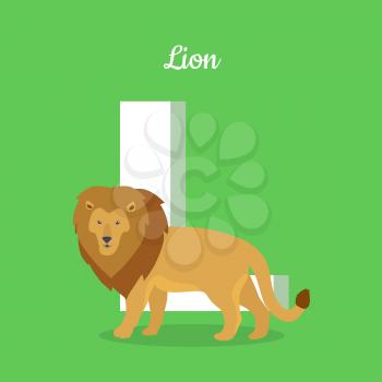 Animals alphabet. Letter - L. Brown lion stands near letter. Alphabet learning chart with animal illustration for letter and animal name. Vector zoo alphabet with cartoon animal on green background