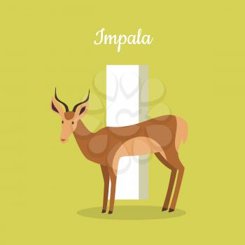 Animals alphabet. Letter - I. Brown impala stands near letter. Alphabet learning chart with animal illustration for letter and animal name. Vector zoo alphabet with cartoon animal on green background