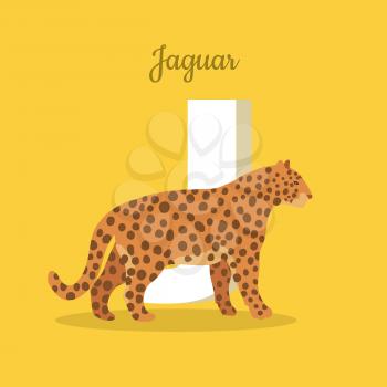 Animals alphabet. Letter - J. Spotted jaguar near letter. Alphabet learning chart with animal illustration for letter and animal name. Vector zoo alphabet with cartoon animal on orange background