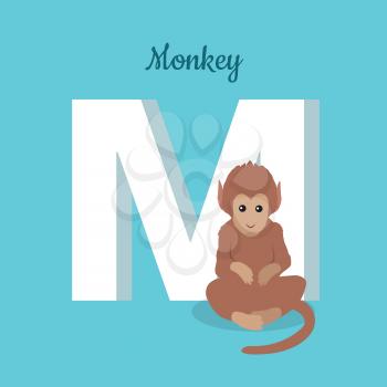 Animals alphabet. Letter - M. Brown monkey sits near letter. Alphabet learning chart with animal illustration for letter and animal name. Vector zoo alphabet with cartoon animal on blue background