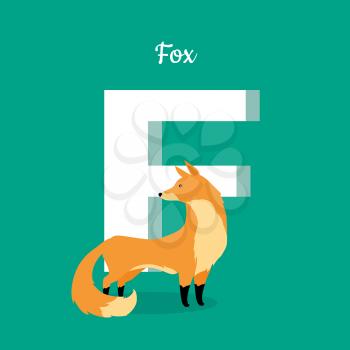 Animal alphabet vector concept. Flat style. Zoo ABC with wild animal. Beautiful fox standing on green background, letter F behind. Educational glossary. For children s books, textbooks illustrating