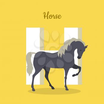 Animal alphabet vector concept. Flat style. ABC with domestic animal. Prancing horse standing on yellow background, letter H behind. Educational glossary. For children s book, textbook illustrating