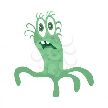 Bacteria cartoon character with eyes and mouth. Green funny microbe flat vector illustration isolated on white background. Virus, germ, monster or parasite icon. For medical, hygienic, science concept