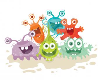 Set of cartoon monsters. Funny smiling germs. Character with big eyes. Microorganism bacterias with tooth, hands, open mouth. Vector funny illustration in flat design. Friendly viruses. Microbe faces