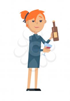 Girl with glass of wine and bottle isolated on white. Woman wants to relax. Lady at the party. Lonely girl drinking alone. Wine degustation. Waitress offer glass of wine in flat style design. Vector