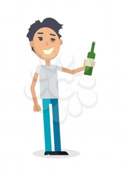Man with a bottle of wine isolated on white. Young man toast the success. Drunk boy with alcohol. Alcohol addicted person with a bottle of beer. Alcoholism. Vector illustration in the flat style.