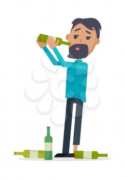 Man with bottle of wine isolated on white. A lot of empty bottles on the floor. Drunk boy with alcohol. Alcohol addicted person with bottles of beer. Alcoholism. Vector illustration in flat style.