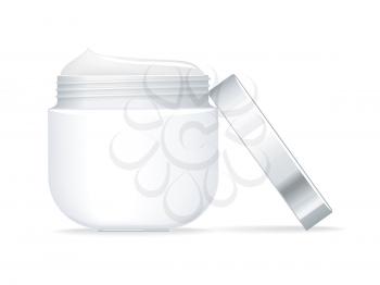 Blank white container for cosmetics with open cap on white background. Container for cream. Product for body, face and skin care, beauty, health, freshness, youth, hygiene. Realistic illustration.