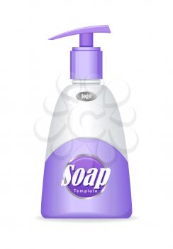 Purple soap bottle with spreader isolated. Cosmetic product flasks with logo or symbol on the nameplate. Reservoir with label. Part of series of decorative cosmetics items. Vector illustration