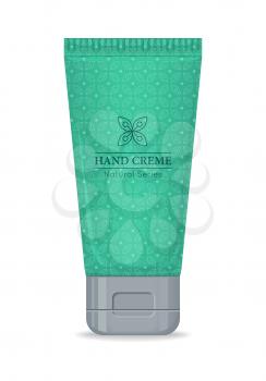 Hand cream natural series bottle isolated. Cosmetic product flasks with logo or symbol on the nameplate. Reservoir with label. Part of series of decorative cosmetics items. Vector illustration