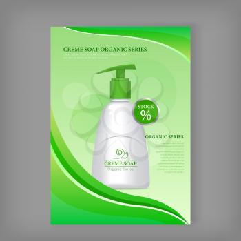 Cream soap sea series. Liquid soap bottle. Plastic tube with pump for cosmetics on green background. Product for body care, beauty, health, freshness, youth, hygiene. Realistic vector illustration.