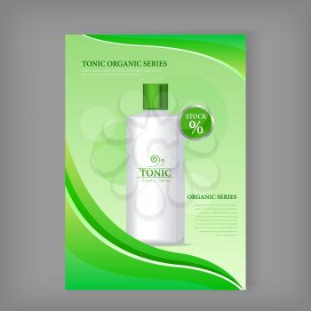 Tonic sea series bottle isolated. Discount banner. Cosmetic product flasks with logo or symbol on the nameplate. Reservoir with label. Part of series of decorative cosmetics items. Vector