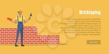 Bricklaying. Worker in helmet and red robe holding brick and spatula in hands. Young and energetic man standing near unfinnished, red brick wall. Orange background. Flat design. Vector illustration