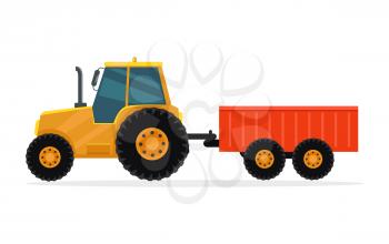 Tractor with trailer vector. Flat design. Industrial transport. Cargo machine. Illustration for farming, agricultural, construction theme illustrating, app icons, ad, infographics On white 