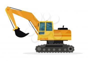Building crane isolated on white. Caterpillar crane vector banner. City building concept in flat design. Construction machines. Transport and moving materials, earthworks illustration for advertise.