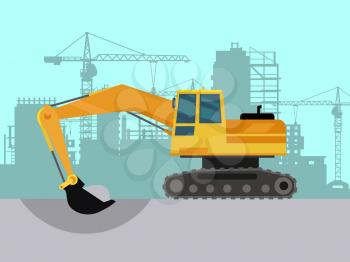 Ground works on construction vector concept. Excavator digging earth silhouette of buildings and cranes on background. Industrial machine. For construction theme illustrating, building companies ad