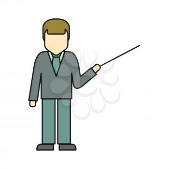 Private man in business suit with pointer. Consultant, businessman, lecturer, manager character. Man personage in front. Line art. Isolated vector illustration on white background.