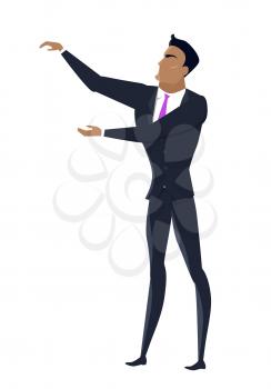 Businessman vector in flat design. Male character in business clothing spends visual presentation. Human holding pose template for companies ad concepts, infographics.  Isolated on white background.