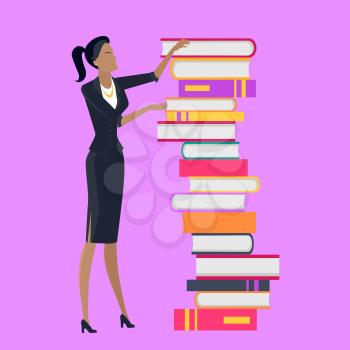 Getting on top of knowledge vector concept. Flat design. Woman character in business clothes standing near huge pile of books. Self-education and literature reading concept. On violet background.