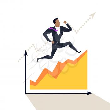 Business success vector concept. Flat design. Career progression and economical competition. Male character in business clothing running on graph. Progress indicators and earnings growth illustration. 