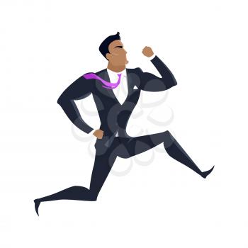 Businessman vector in flat design. Male character in business clothing running. Competition and career concept. Illustration for companies ad, presentations, infographics. Isolated on white.
