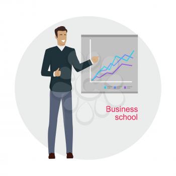 Business school. Man standing near the presentation screen with stock lines isolated. Flip Chart. Editable items in flat style for web design. Infographics. Professional growth. Vector illustration
