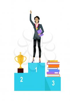 Business woman on pedestal of winners. Business woman in business suit with golden medal on his chest. Winner business concept. Business success and award concept. Smiling young woman personage.