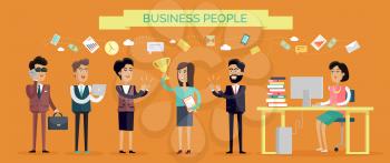 Business people concept vector in flat style. Collection of office situations and people work interactions. Working on computer, making calls, receiving recognition of success, professional victory.