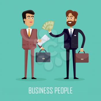 Business people. Two businessmen in business suit and tie with briefcases making a contract. Conclusion of a trade union, cash payment. Smiling young men in flat design isolated on blue background.